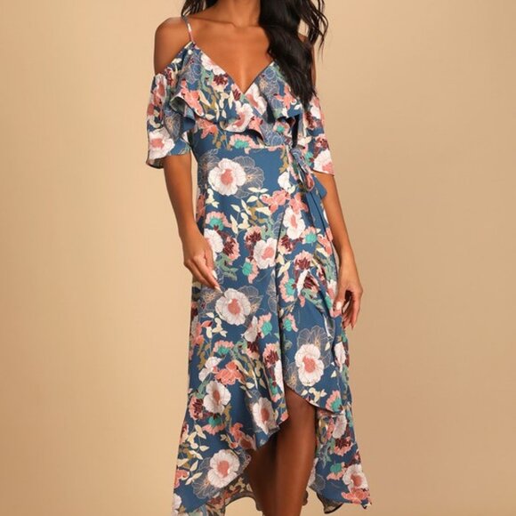 Lulu's Fully Bloomed Blue Floral Print Off-the-Shoulder Maxi Wrap Dress - Picture 2 of 6